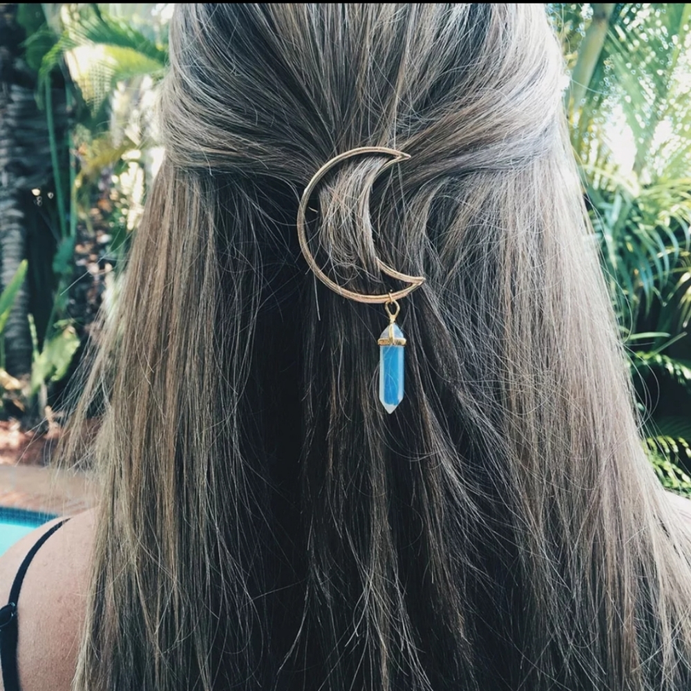 White Quartz Prism Moon Crescent Barrette - Picture 2 of 2